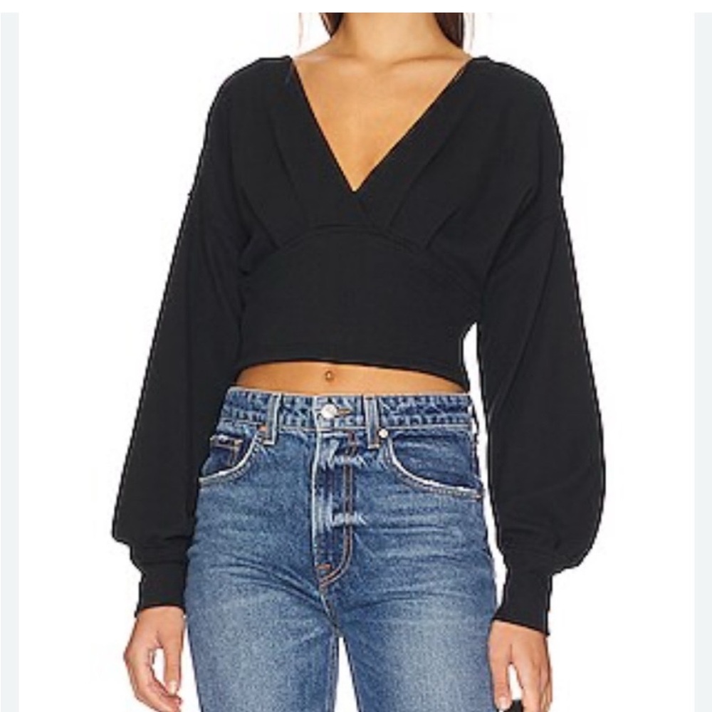 Free People All Nighter Tee- Black V-Neck Long Sleeve Thermal Crop Top